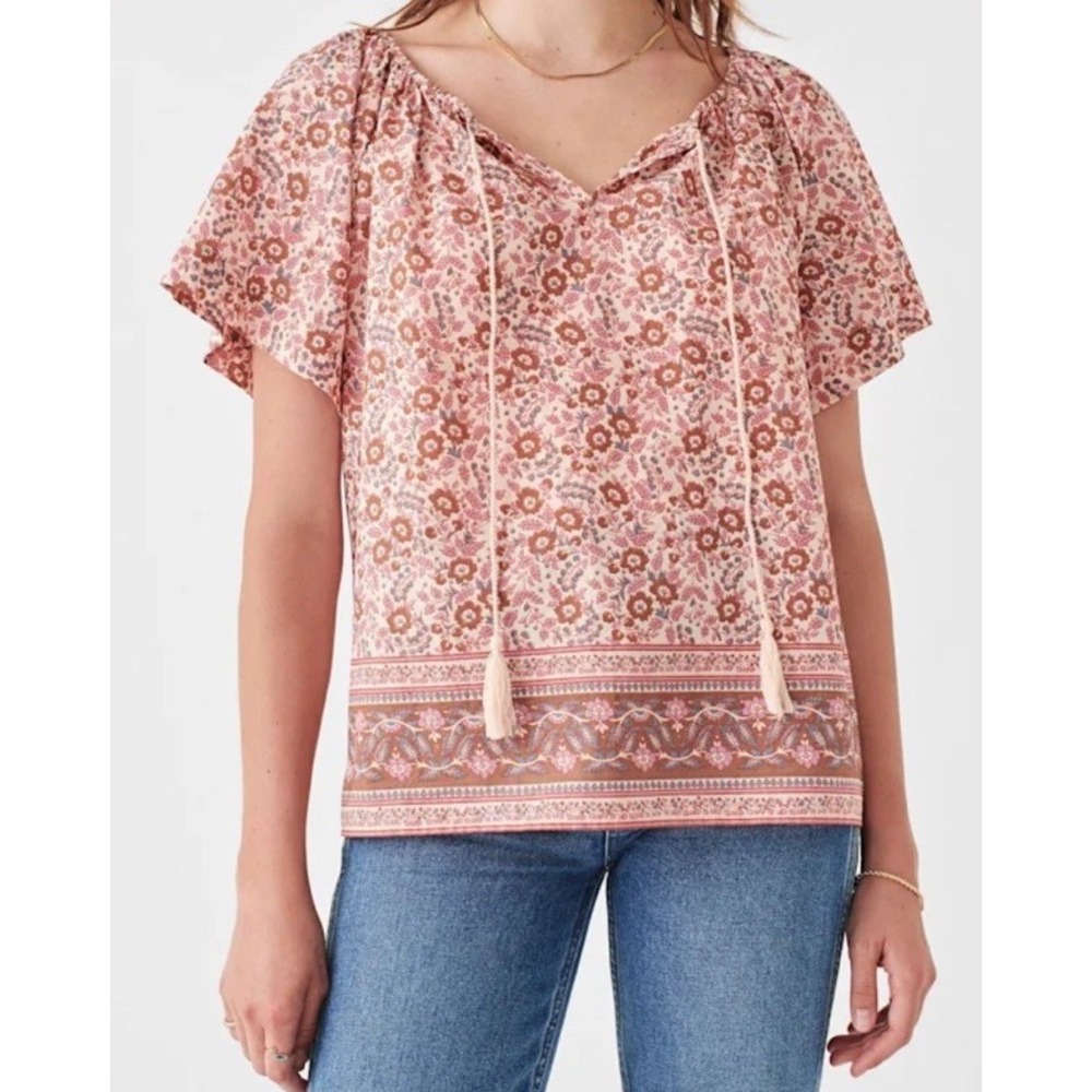 Faherty Florence Floral Top Organic Cotton Peasant Blouse Size Large